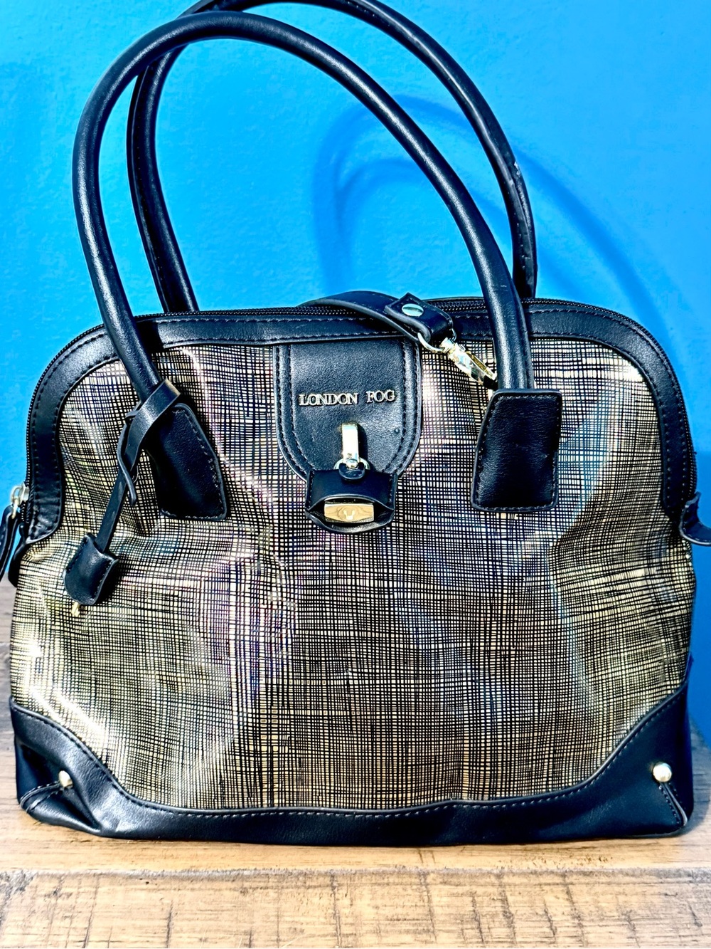 London Fog Black and Gold Metallic Textured Satchel
